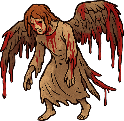 an angel in pain, bleeding and sagging wings. No background. Transparent background. Blank background. No shadows. 2d. In-Game asset. flat