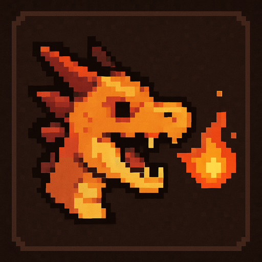 A small pixel art dragon head viewed from the side, mouth slightly open as if letting out a small roar. Glowing embers or a little flame is coming out of its mouth to symbolize that sound is on. The style is cute and retro, matching a fantasy-themed 2D game UI icon..
In-Game asset.  2d.  High contrast.  No shadows. pixel art. side view. cute. fantasy. retro. flame. icon. dragon