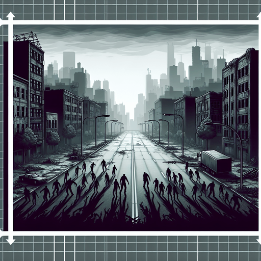 Open road in a city that is plagued by zombies.
Single Game Texture. In-Game asset. 2d. Blank background. High contrast. No shadows.
