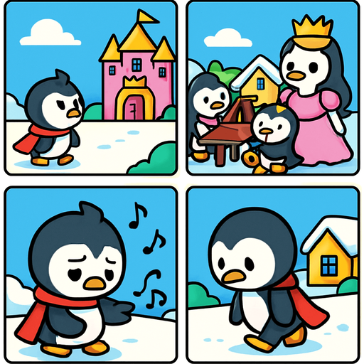 4-panel comic strip, no text, cute cartoon style, bright colors, black outlines.
Characters: Penguin Hero (small, determined) + Penguin Princess (elegant, crown) + Village Penguins
Central Theme: Music connects hearts, piano mastery wins love.  Hero doubts himself, thinks he's not good enough

Panel 1: Hero tries to approach Princess's palace but stops
Panel 2: Sees other talented penguins playing instruments near Princess
Panel 3: Hero looks at his flippers sadly, musical notes are wobbly/off-key
Panel 4: Hero walks away discouraged, head down.
In-Game asset.  2d.  High contrast.  No shadows