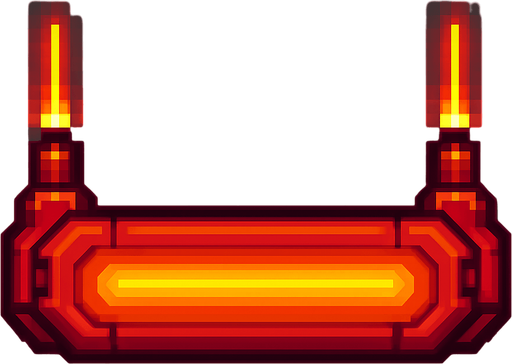 A horizontal glowing paddle for a 2D breakout-style arcade game.
Make it bright red with a futuristic laser cannon design.
The paddle should have two small laser emitters on each side pointing upward.
Style: minimal, pixel-art or arcade-style, flat background.
Top-down view, transparent background, centered.
Resolution: 512x128 px..
In-Game asset.  2d.  High contrast.  No shadows