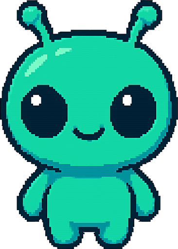 El alien debe ser un personaje pequeño y tierno, con piel verde o azul brillante, cabeza grande en forma ovalada, ojos negros y brillantes de estilo caricatura, y dos antenitas cortas que se muevan ligeramente; su cuerpo debe ser redondeado y compacto, con brazos y piernas cortas, dando una apariencia amigable y divertida; el diseño debe ser en estilo 2D o pixel art suave, con una animación sutil como parpadeo o balanceo, y fondo transparente para integrarse bien en un juego colorido y casual..
In-Game asset.  2d.  High contrast.  No shadows