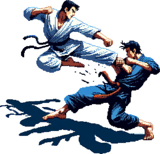 martial arts background fight scene.
Single Game Texture. In-Game asset. 2d. Blank background. High contrast. No shadows, detailed pixel art style