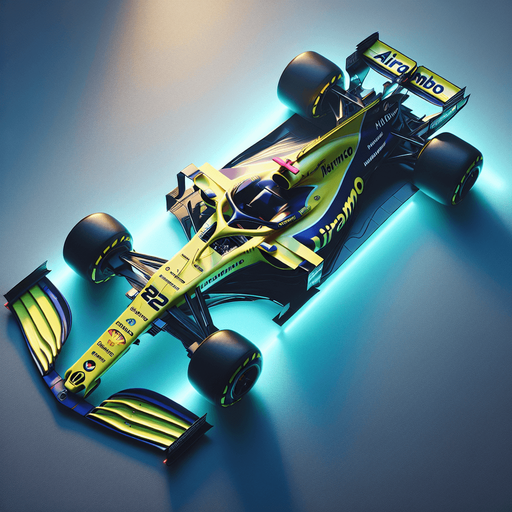 Photorealistic Aston Martin f1 race car, top view. 
Hex Codes: Color #229971	RGB 34,153,113 
Neon yellow arcs on body sides. 
White "Airamco" text on rear wing.