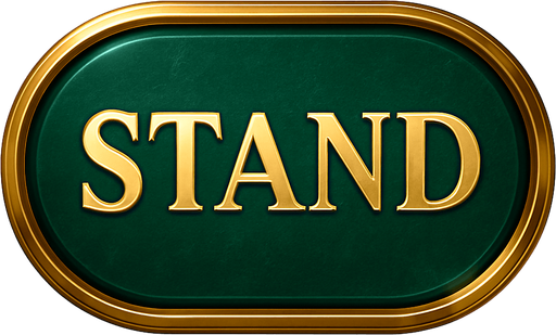 Crea un asset visual para el botón 'STAND' (Plantarse) para la mesa de Blackjack de lujo.

Objetivo: Un botón claro y elegante que permita al jugador finalizar su turno, coherente con la opulencia del casino.

Diseño:

Forma: Óvalo o rectángulo con bordes suaves, prominente y fácil de pulsar.

Texto Central: La palabra 'STAND' (o 'PLANTARSE') en mayúsculas, con tipografía audaz, limpia y elegante de casino.

Color: Base en un color que contraste con 'HIT' y 'DEAL' pero mantenga la elegancia. Considera un verde esmeralda profundo o un azul zafiro, con acabado metálico o pulido.

Borde: Un borde brillante en dorado o plateado.

Efectos (si Upit lo permite):

Sutil efecto de relieve o biselado para darle profundidad.

Un ligero brillo o resplandor que lo haga destacar.

Textura que simule metal pulido o un material lujoso.

Fondo: Asset independiente con fondo transparente.

Sensación: Debe transmitir decisión, control y la profesionalidad del juego..
In-Game asset.  2d.  High contrast.  No shadows