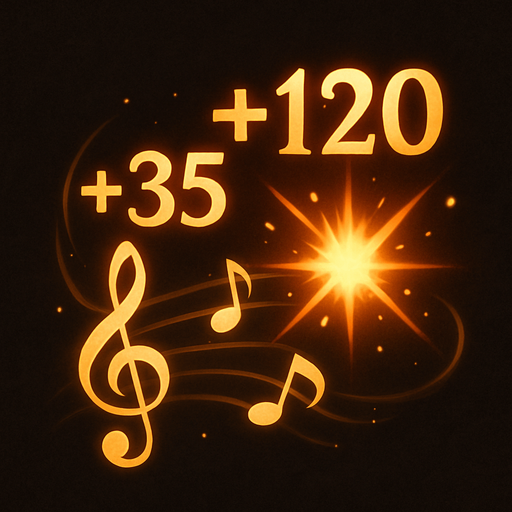 Design an icon for a toggle button labeled "Show Damage Numbers" in a fantasy tower defense game set in a magical concert hall. The icon should represent visible damage output using a musical and magical theme.

Main elements: show floating numbers (like “+35”, “-120”) rising or popping out from stylized musical symbols—such as a treble clef or burst of notes.
Optionally, display a glowing impact spark or small explosion with numbers around it to represent hit feedback.

Use gold, red, or white tones for the numbers and magical trails for emphasis.
Background should be neutral or dark, subtly textured (like velvet or wood), to enhance readability.

The icon must be square (256×256 px), readable at small sizes, and include no text.
Provide two visual states:

Enabled: numbers glowing, slightly animated or rising.

Disabled: numbers greyed out or crossed subtly with a muted tone.

Style: fantasy UI, clean and elegant, consistent with the musical combat theme of the game..
In-Game asset.  2d.  High contrast.  No shadows