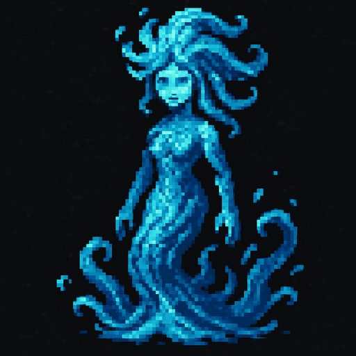 Water spirit dark souls style 2d pixel art.
In-Game asset.  2d.  High contrast.  No shadows