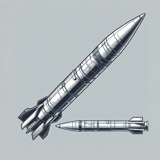 Missile seen from the side.
Single Game Texture.  In-Game asset.  2d.  Blank background.  High contrast.  No shadows