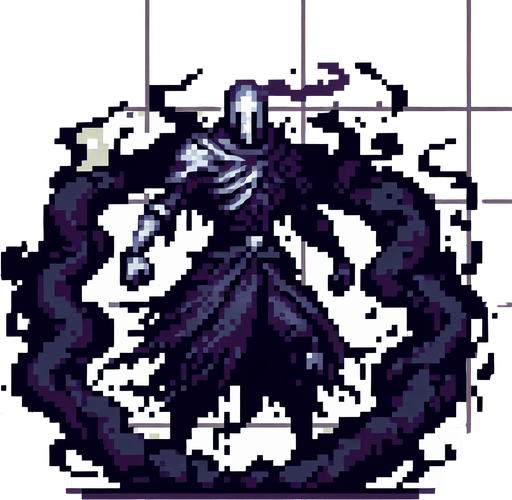 pixel art of an evil fantasy knight. Full body, legs obscured by black mist.
Single Game Texture. In-Game asset. 2d. Blank background. High contrast. No shadows.