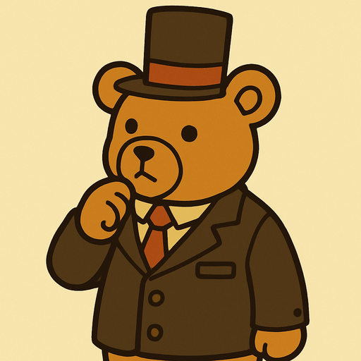 Teddy bear professor Layton game style.
In-Game asset.  2d.  High contrast.  No shadows