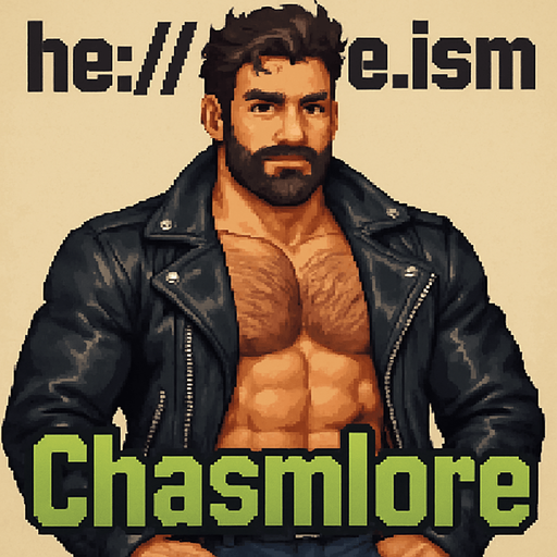 “he://done.ism 

uploaded: chasmlore” written out in black leather biker jacket shirtless hairy muscles hunks