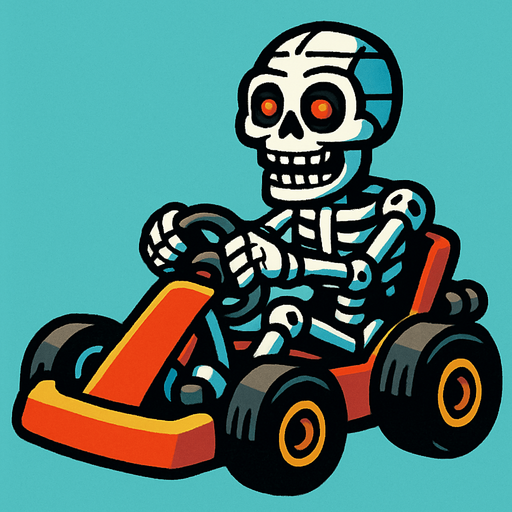 Un endoesqueleto animatronico en un kart.
In-Game asset.  2d.  High contrast.  No shadows