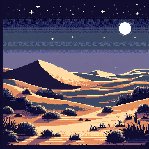 pixel art night-time desert.
Single Game Texture. In-Game asset. 2d. Blank background. High contrast. No shadows.