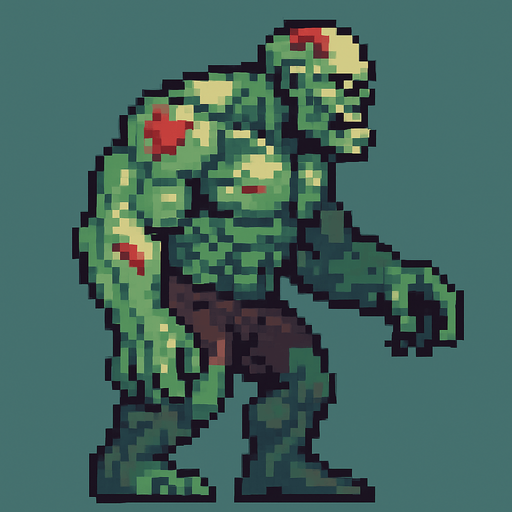 A large muscular zombie. left in a side view.
pixel art.
In-Game asset.  2d.  High contrast.  No shadows