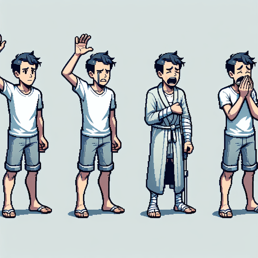 create a spritesheet of a person with his hand up, and also another sprite with his hand down with the pose as if he was breaking something, and a sprite of him crying with his injured hand. also make a sprite of him with his mouth open.. Single Game Texture. In-Game asset. 2d. Blank background. High contrast. No shadows.
Single Game Texture.  In-Game asset.  2d.  Blank background.  High contrast.  No shadows