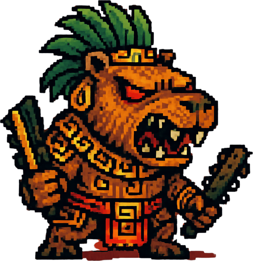 Genérame una Capibara guerrero azteca con eso patrones, estilo pixelar, con una apariencia maligna, ojos rojos, rabioso. Unidad cuerpo a cuerpo. Animal.
In-Game asset.  2d.  High contrast.  No shadows