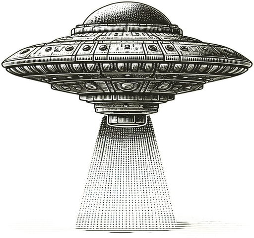 A UFO.
Single Game Texture. In-Game asset. 2d. Blank background. High contrast. No shadows.