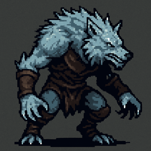 Frost Wolf Man Dark souls style 2d pixel art.
In-Game asset.  2d.  High contrast.  No shadows