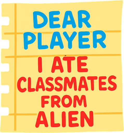 A note that says dear player 
I ate classmates from alien.
In-Game asset.  High contrast.  No shadows