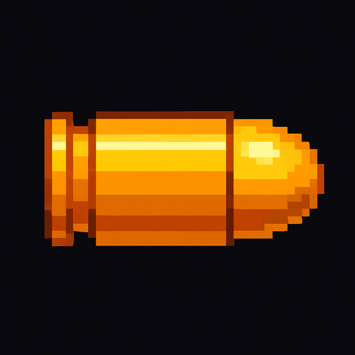 una bala de pistola 9 milimetros hecha con pixeles con perspectiva lateral.
In-Game asset.  2d.  High contrast.  No shadows