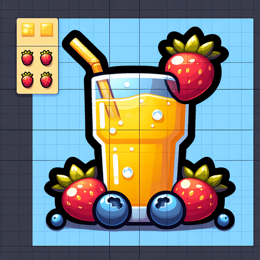 A nice glass of lemonade with strawberries and blueberries.
Single Game Texture. In-Game asset. 2d. Blank background. High contrast. No shadows.