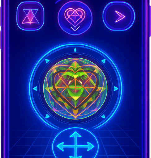 Spherical round directional arrows Neon cyberpunk mobile game trackpad too down flat 3d 2d hologram futuristic magic occult chic