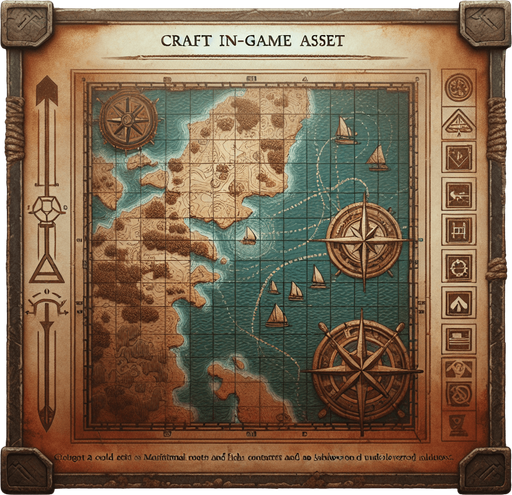 ancient nautical chart.
Single Game Texture. In-Game asset. 2d. Blank background. High contrast. No shadows.