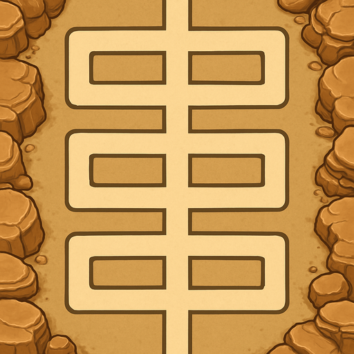 Top-down map asset for a TD game. Imagine a single, contiguous ribbon laid across a canyon floor; this ribbon is the path. It is a unicursal maze, meaning it's a single, non-branching route that twists through the map in a complex, grid-like pattern. The path has absolutely no junctions or alternative routes. The path starts at the top-middle edge and the very same path ends at the bottom-middle edge. The path is flanked by wide, flat, sandy plateaus that are completely barren for building. The map is framed by large, decorative sandstone formations pushed to the far edges, which do not intrude on the central play area. Semi-realistic style. --no towers, no buildings, no characters, no junctions.
In-Game asset.  2d.  High contrast.  No shadows
