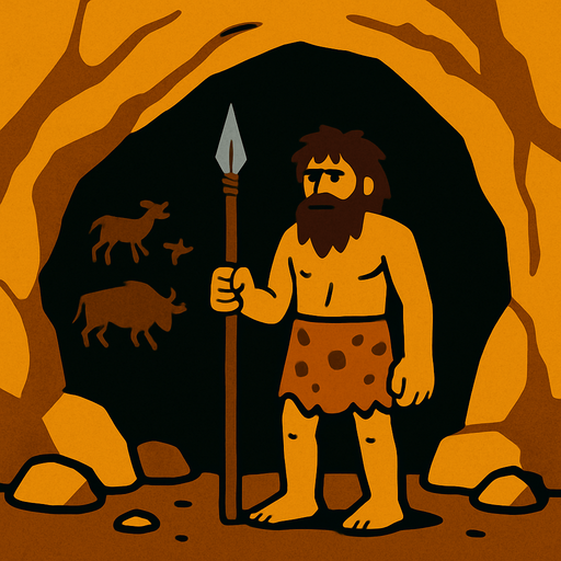 ilk insanların içinde yaşadığı bir mağara. kapısında elinde mızrak olan ilkel bir insan var.
In-Game asset.  2d.  High contrast.  No shadows