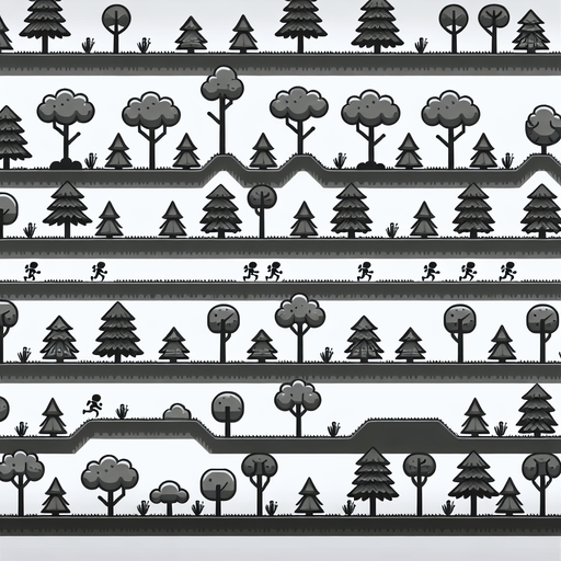 A repeating background tree layer for an endless runner.
Single Game Texture. In-Game asset. 2d. Blank background. High contrast. No shadows.