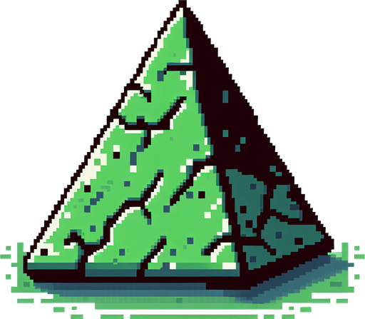 A pixel art triangle obstacle, colored green, with a textured surface and cracks indicating wear and tear..
Single Game Texture. In-Game asset. 2d. Blank background. High contrast. No shadows.