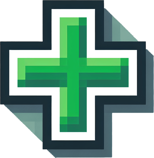 a green cross, icon, pixel style.
Single Game Texture. In-Game asset. 2d. Blank background. High contrast. No shadows.