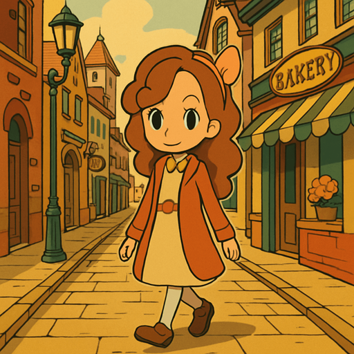 Generate a detailed and vivid description of a scene depicted in the visual style characteristic of Professor Layton games, focusing on a young girl walking down a city street. Capture the unique art style elements such as warm color palettes, cel-shaded animation, distinctive character design with soft lines and expressive eyes, and the semi-realistic yet whimsical environment. Include the atmosphere of the city street, describing architectural features, background elements like lampposts, shop signs, and the bustling yet charming ambiance, as seen in Professor Layton games. Avoid photographic realism; emphasize stylized, hand-drawn, and storybook-like qualities..
In-Game asset.  2d.  High contrast.  No shadows