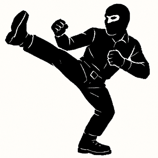 hombre con camisa negra de manga larga, pantalones negros, botas negras y guantes negros y un pasamontañas negro dando una patada de artes marciales
In-Game asset.  2d.  High contrast.  No shadows