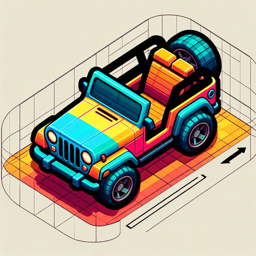 Jeep car cartoony, top down view.
Single Game Texture. In-Game asset. 2d. Blank background. High contrast. No shadows.