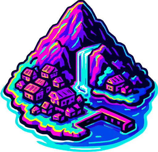 A small island centered with a large mountain taking up most of it with a waterfall on the south side and a fishing village just below it. Under the fishing village is a harbor with a single empty dock. The dock extends into a half open bay. 80s arcade machine inspire high definition graphics with 80s colored highlights. White background. Top down 3/4 view. 
In-Game asset.  2d.  High contrast.  No shadows