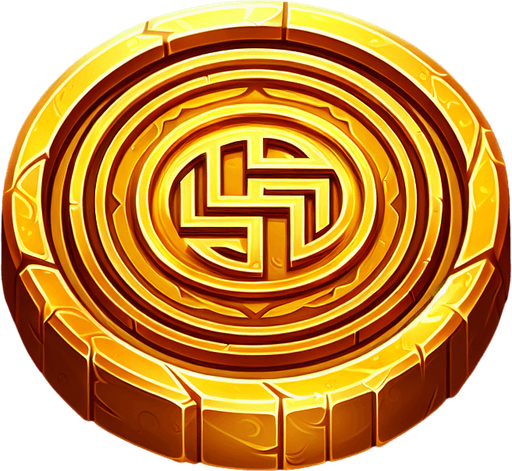 Gold coin with design in the center.
Single Game Texture.  In-Game asset.  2d.  Blank background.  High contrast.  No shadows