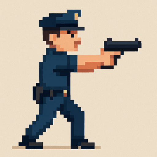 un policia  de cuerpo completo hecho con pixeles con persepectiva lateral apuntando con un arma
I