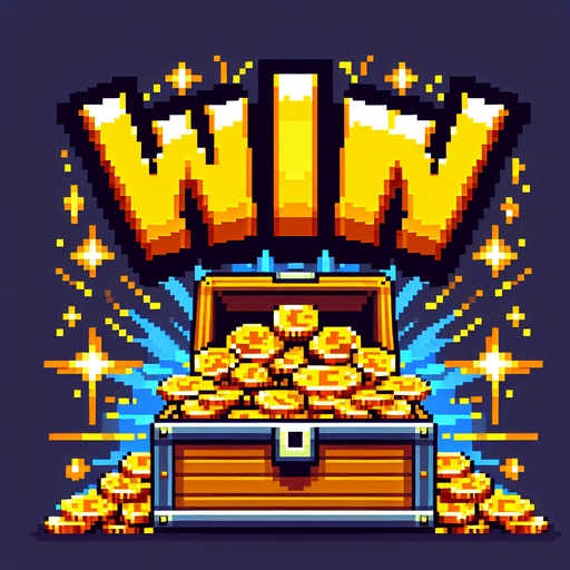 simple golden text saying "WIN". text is bursting out of the treasure chest with golden coins bursting behind the text. pirate themed banner. pixelated. 8 bit..
Single Game Texture. In-Game asset. 2d. Blank background. High contrast. No shadows.