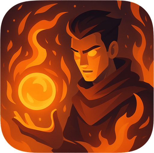 Modern App Store icon, high definition, square with rounded corners, for a game titled "Pyromancer: Blaze Control" and with the description "Control a powerful pyromancer who shoots fireballs and manipulates flames with hand gestures. Defend against waves of enemies by precisely aiming fire projectiles and controlling existing flames to trigger environmental reactions. Master the art of fire magic to become the ultimate flame wielder.". No text on icon!