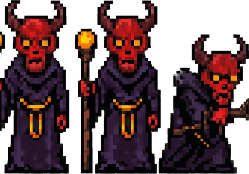 A sprite sheet for grotesque demonic sorcerer with a staff. Two walking sprites with alternating legs and one attack sprite where the staff is lowered and aimed to shoot a spell. Straight on front view. Retro pixelated art.. white background
In-Game asset.  2d.  High contrast.  No shadows