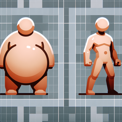 Fat obese Man, next to skinny man. Ball for head. Cartoon 3d. Flat. Clipart  high-detail. In-Game asset. 2d. Blank background. High contrast. No shadows.