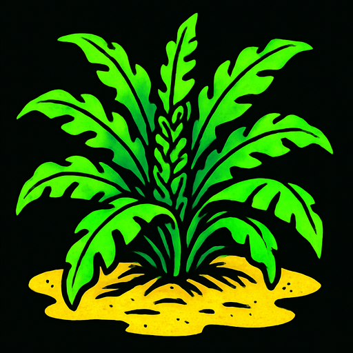 A crazy almost neon green plant that can grow both on in the jungles and on beaches.
In-Game asset.  2d.  High contrast.  No shadows