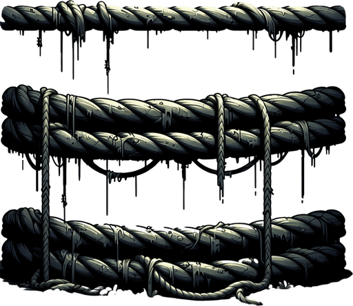 a dirty and eerie 2d horizontal rope.
Single Game Texture. In-Game asset. 2d. Blank background. High contrast. No shadows.