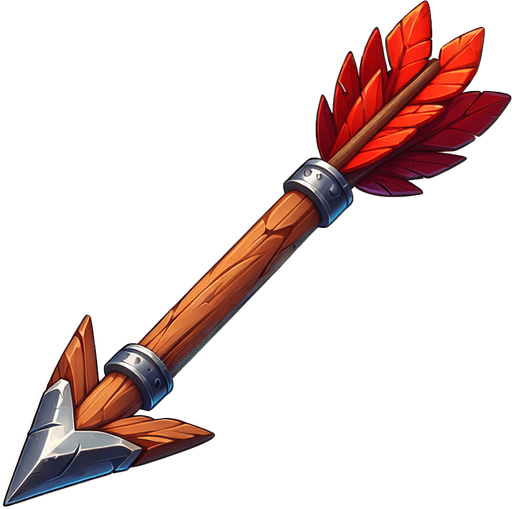 a wooden arrow with red feathers and a metal arrow head. Completely vertical orientation. Cartoon.
Single Game Texture.  In-Game asset.  2d.  Blank background.  High contrast.  No shadows