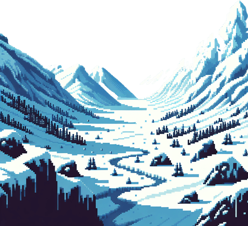 white snowy valley background. Single Game Texture. In-Game asset. 2d. High contrast. No shadows. pixelated. 8 bit