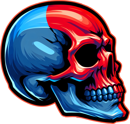 tête de mort coter droit en bleu coter gauche en rouge.
Single Game Texture. In-Game asset. 2d. Blank background. High contrast. No shadows.