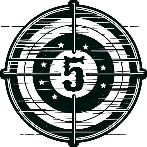 western shooting target with 5 written on it..
Single Game Texture. In-Game asset. 2d. Blank background. High contrast. No shadows.