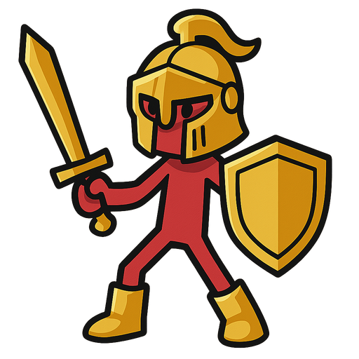 Red stickman with a golden knight helmet, gold sword and gold shield and gold boots.
In-Game asset.  2d.  High contrast.  No shadows