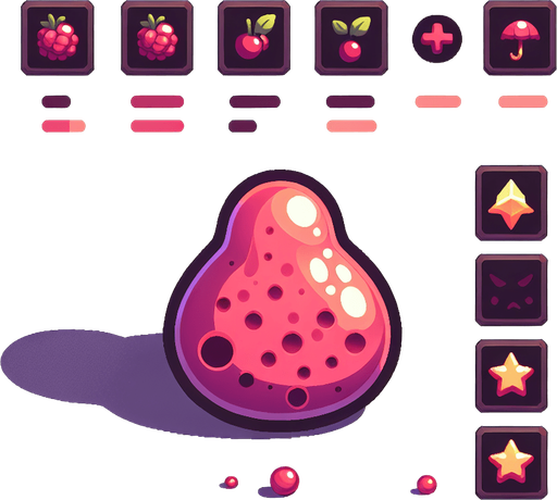 Un slime de fruta RPG con estilo suave y simple.
Single Game Texture.  In-Game asset.  2d.  Blank background.  High contrast.  No shadows
